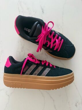 Brand new adidas Black Platform Sneakers with Pink Accents